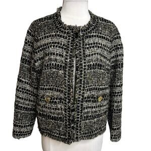 Edward Achour Paris collarless tweed fringe lady jacket Sz 44